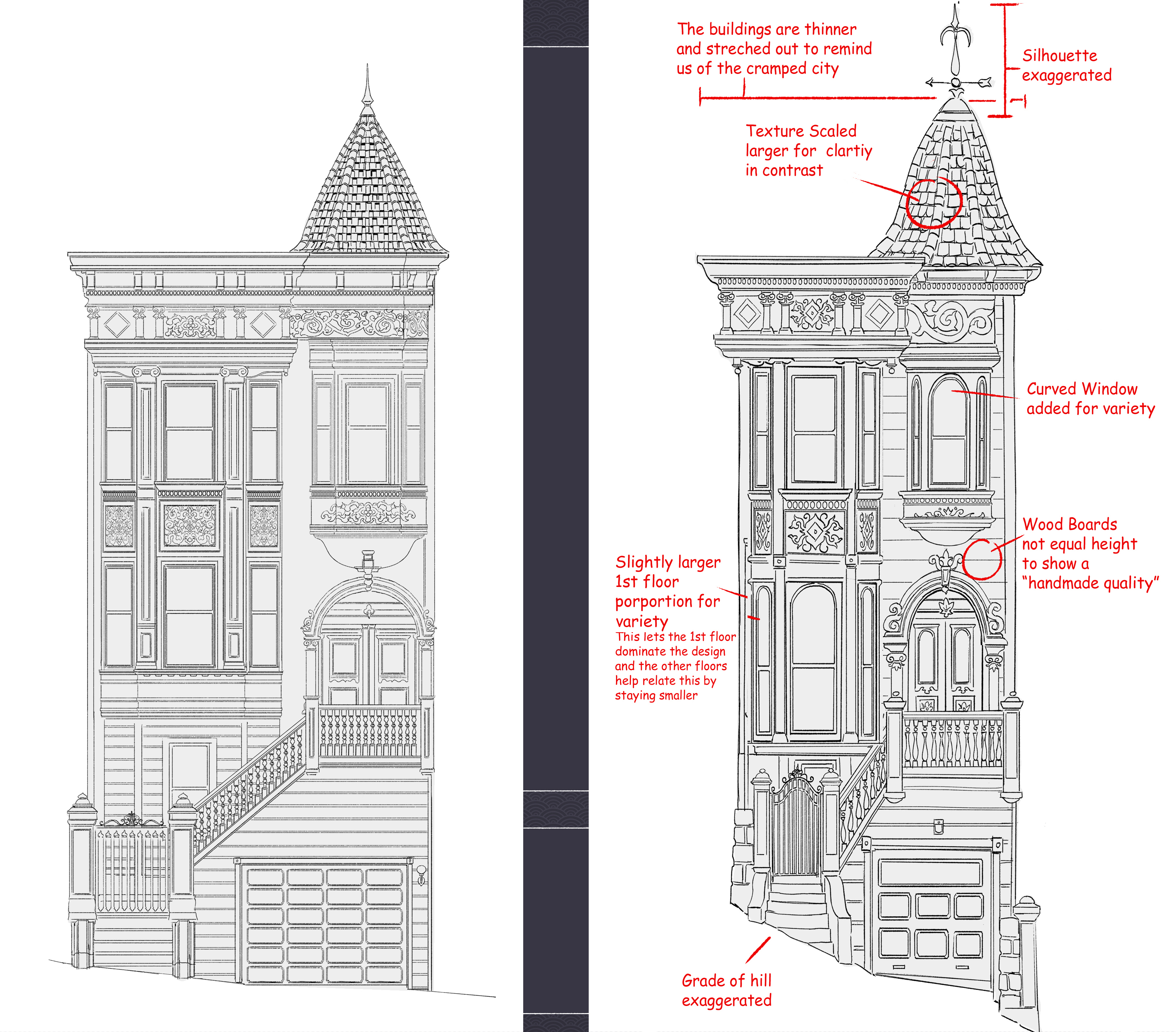 From the movie "BIG HERO 6" Comparison of San Fransokyo building architecture (BH6 world on right, "real" world on left), visual development by Scott Watanabe, art director, environments. ©2014 Disney. All Rights Reserved.